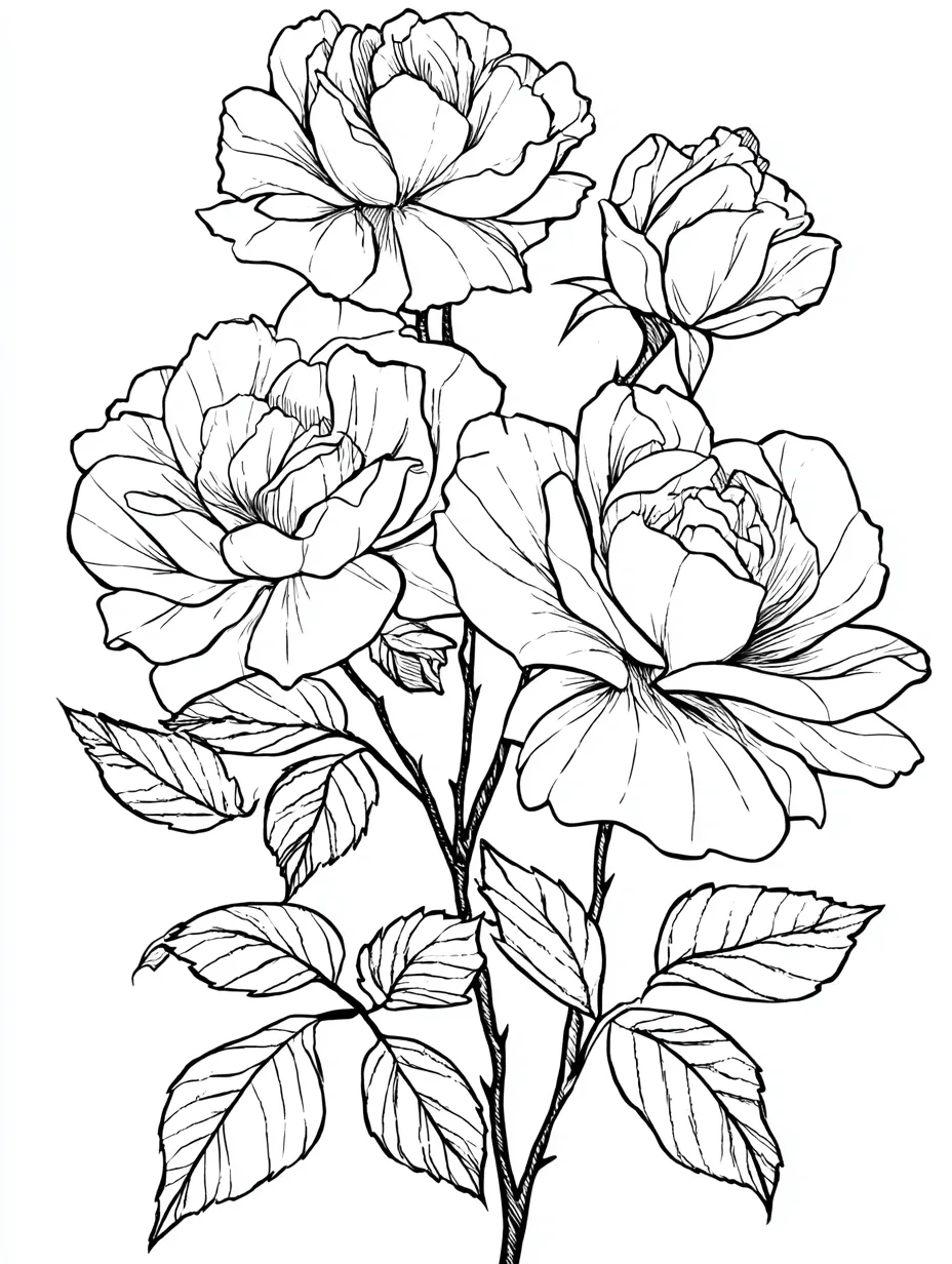 Coloriage adulte gratuit branche de roses en fleurs à imprimer en PDF