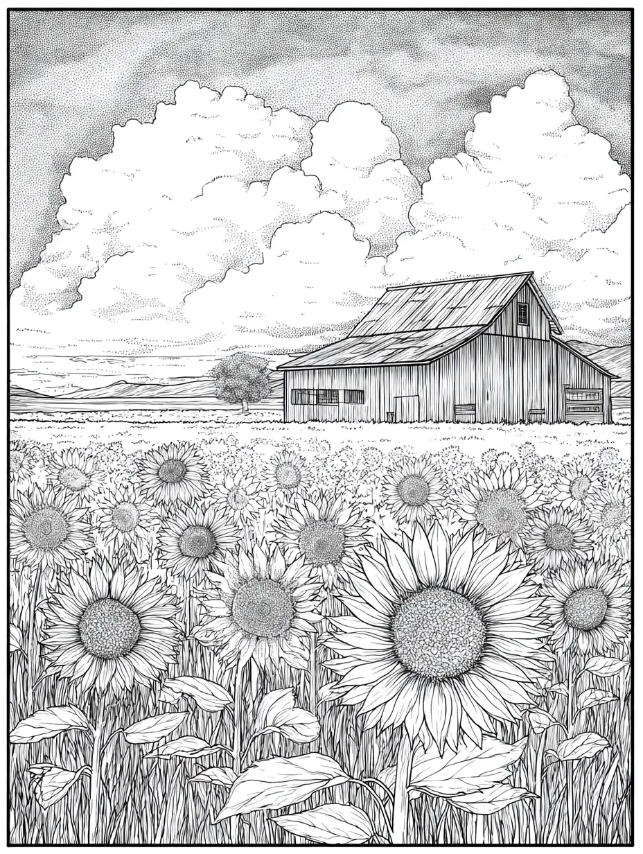 Coloriage adulte expert champ de tournesols avec grange paysage PDF