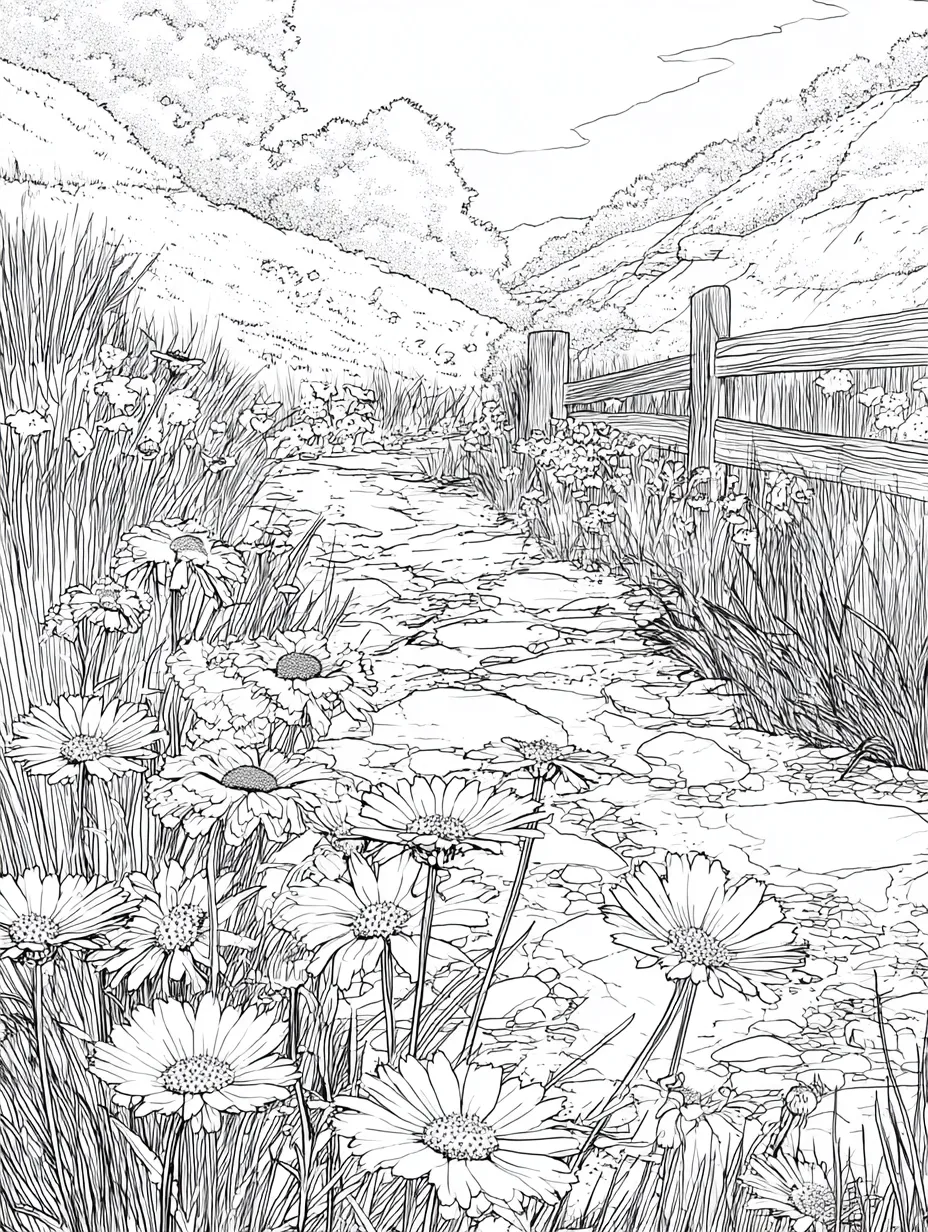 Coloriage adulte gratuit chemin de campagne fleuri à imprimer en PDF
