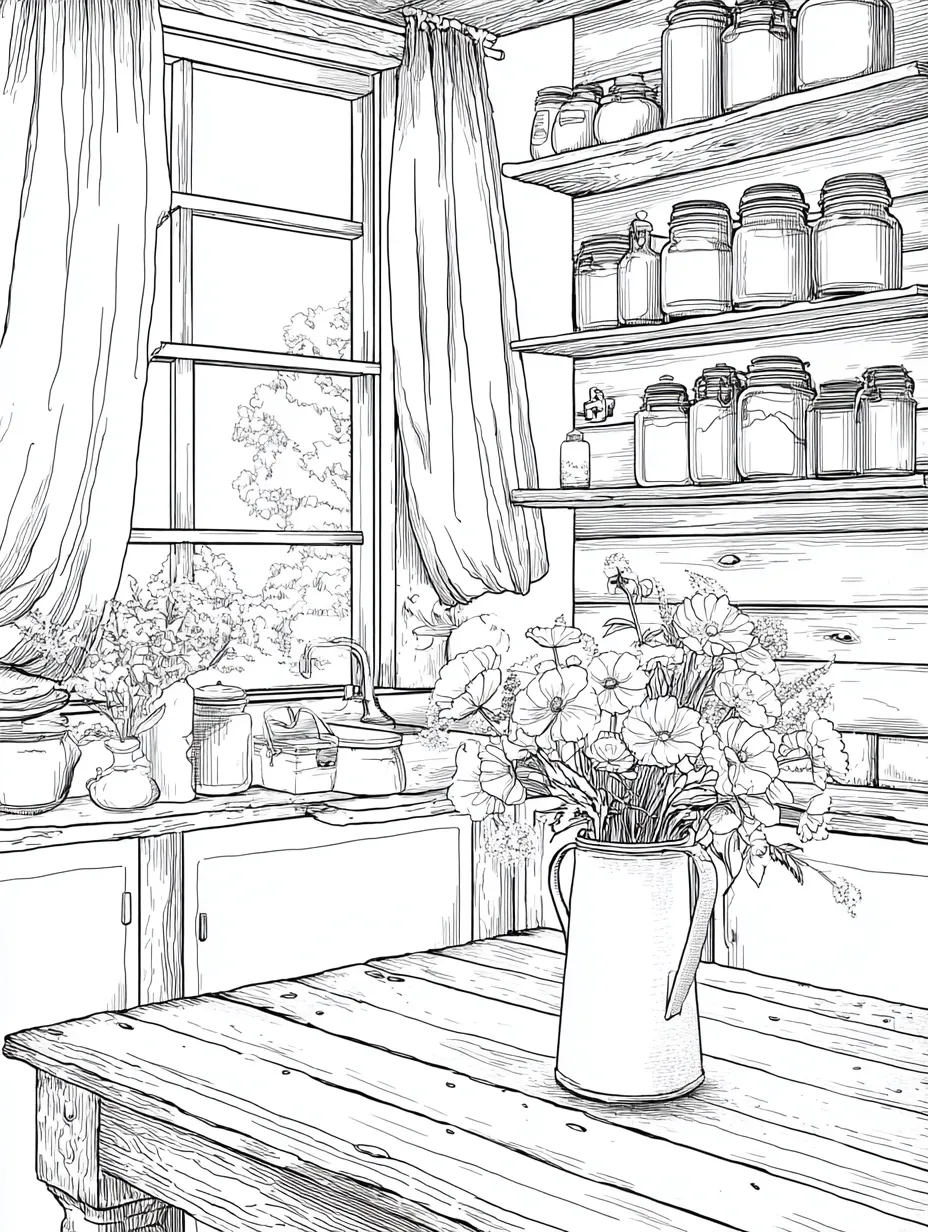 Coloriage adulte cuisine rustique fleurie décoration intérieur PDF