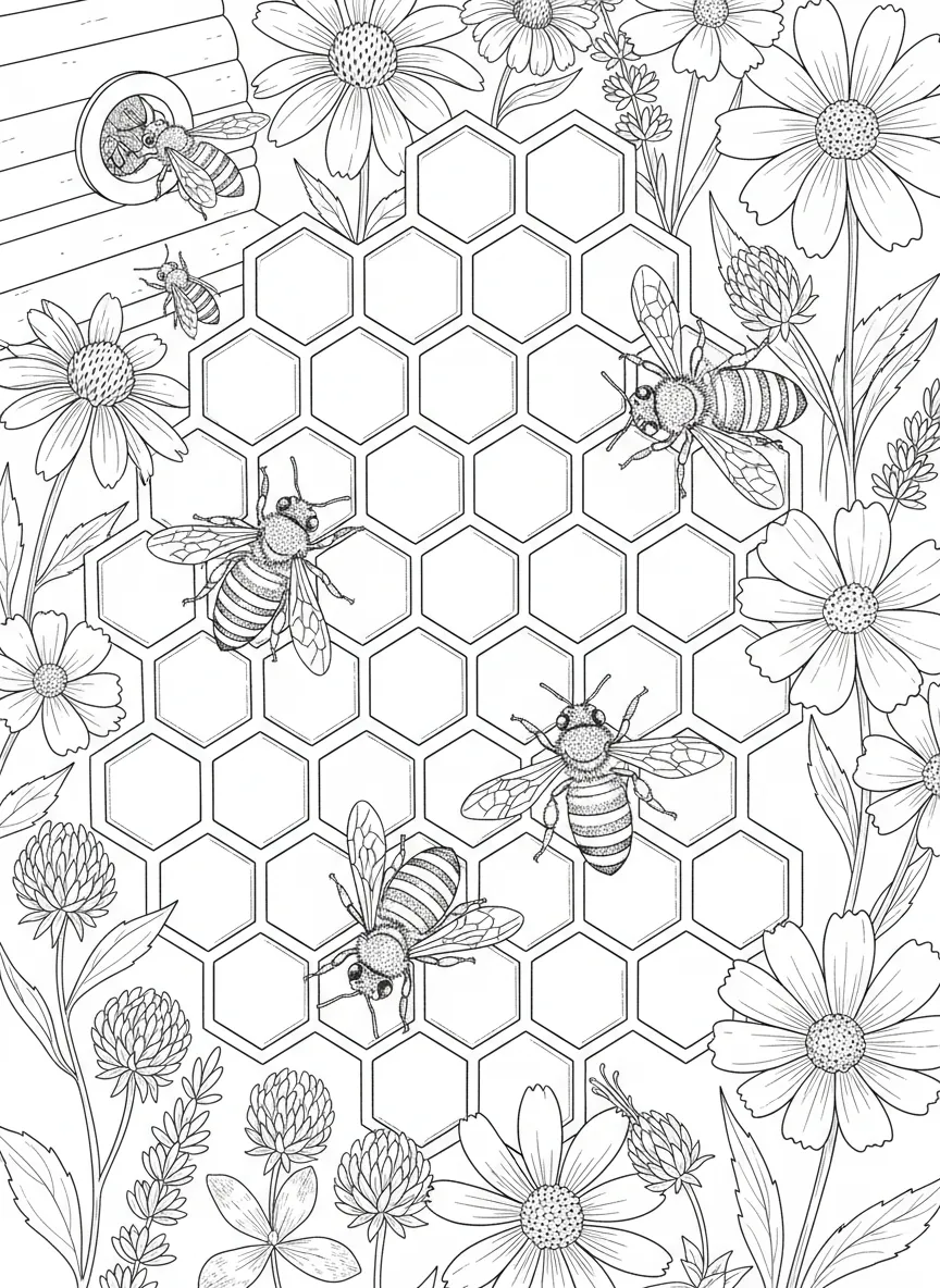 Coloriage adulte abeilles rayon de miel fleurs nature biodiversité PDF