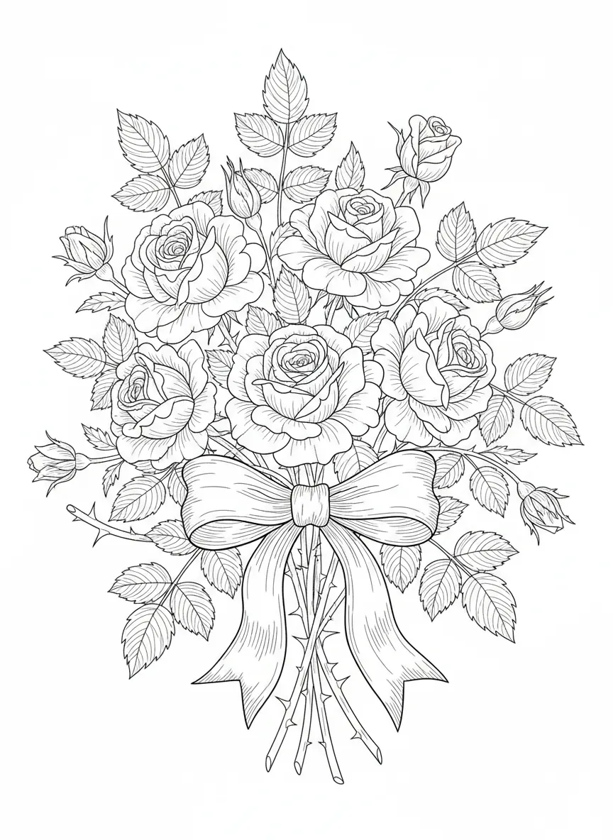 Coloriage adulte bouquet roses anciennes romantique jardin PDF