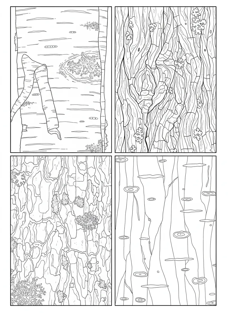 Coloriage adulte expert écorces arbres textures nature réaliste PDF