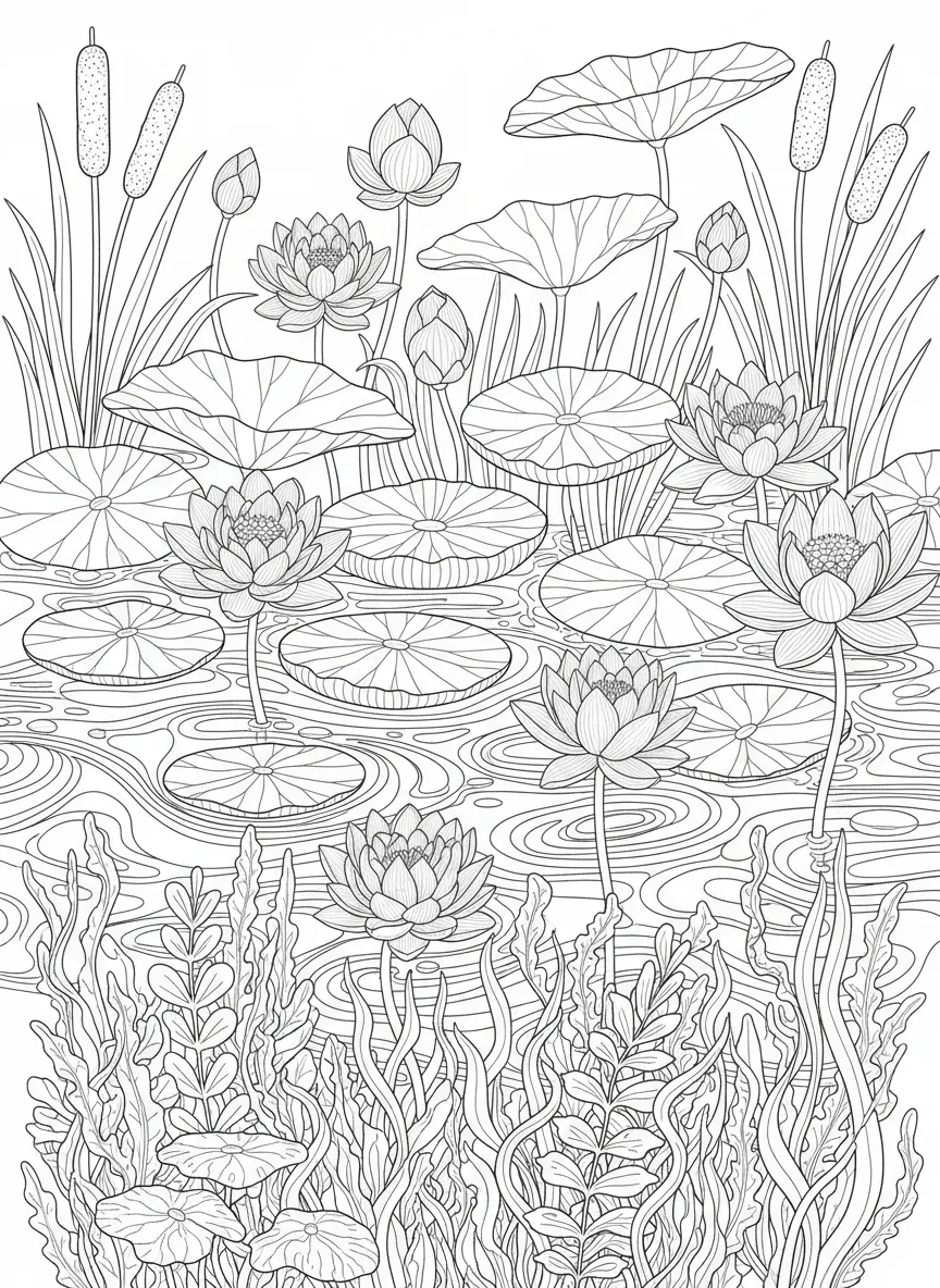 Coloriage adulte nénuphars lotus étang zen nature aquatique PDF