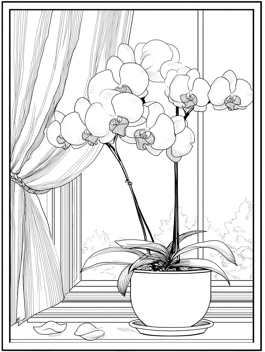 Coloriage adulte gratuit orchidée sur rebord de fenêtre PDF facile