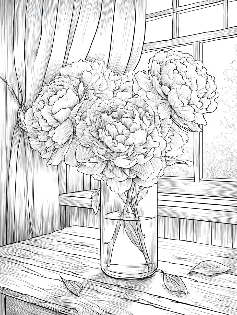 Coloriage adulte pivoines en vase sur table nature morte PDF gratuit