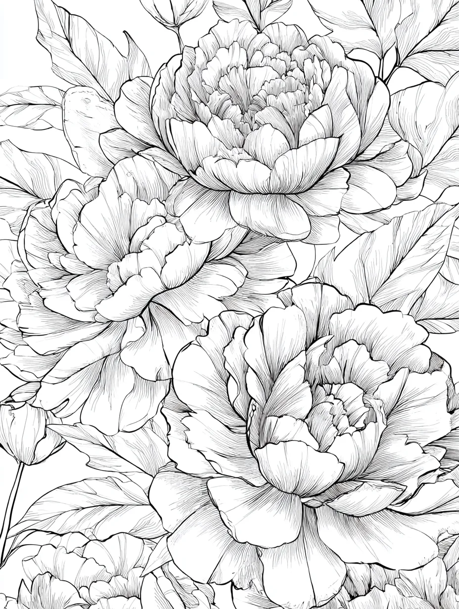 Coloriage adulte expert pivoines en pleine floraison détaillées PDF