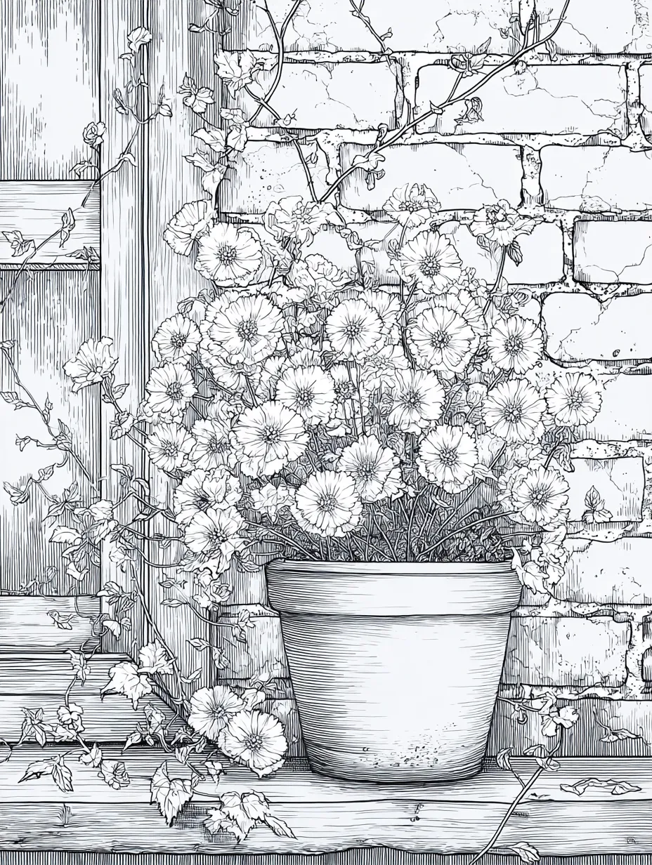 Coloriage adulte gratuit pot de fleurs contre mur de briques PDF facile