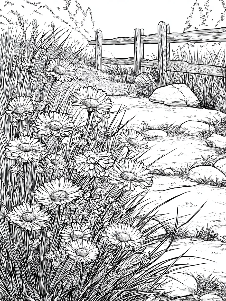 Coloriage adulte sentier fleuri avec clôture jardin anglais PDF