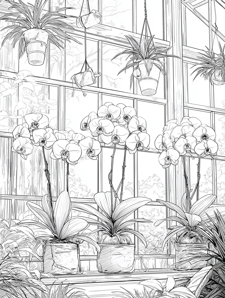 Coloriage adulte expert serre aux orchidées tropicales détaillée PDF