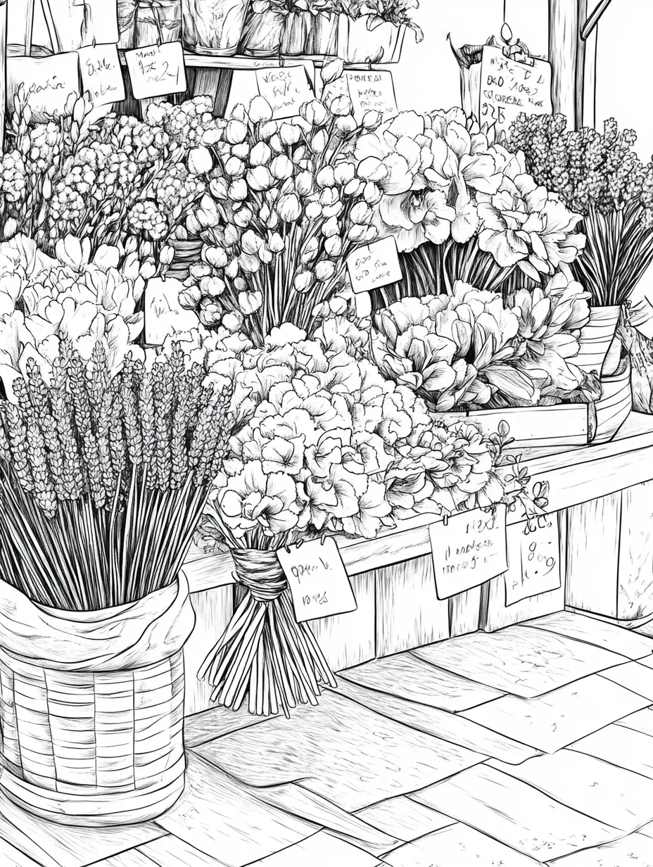 Coloriage adulte expert marché de fleurs parisien détaillé PDF gratuit
