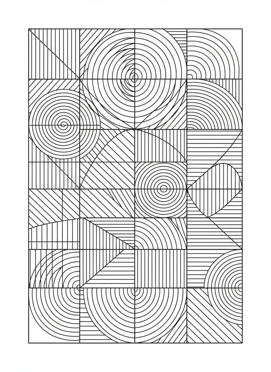 Coloriage adulte composition concentrique art abstrait Bauhaus modulaire PDF