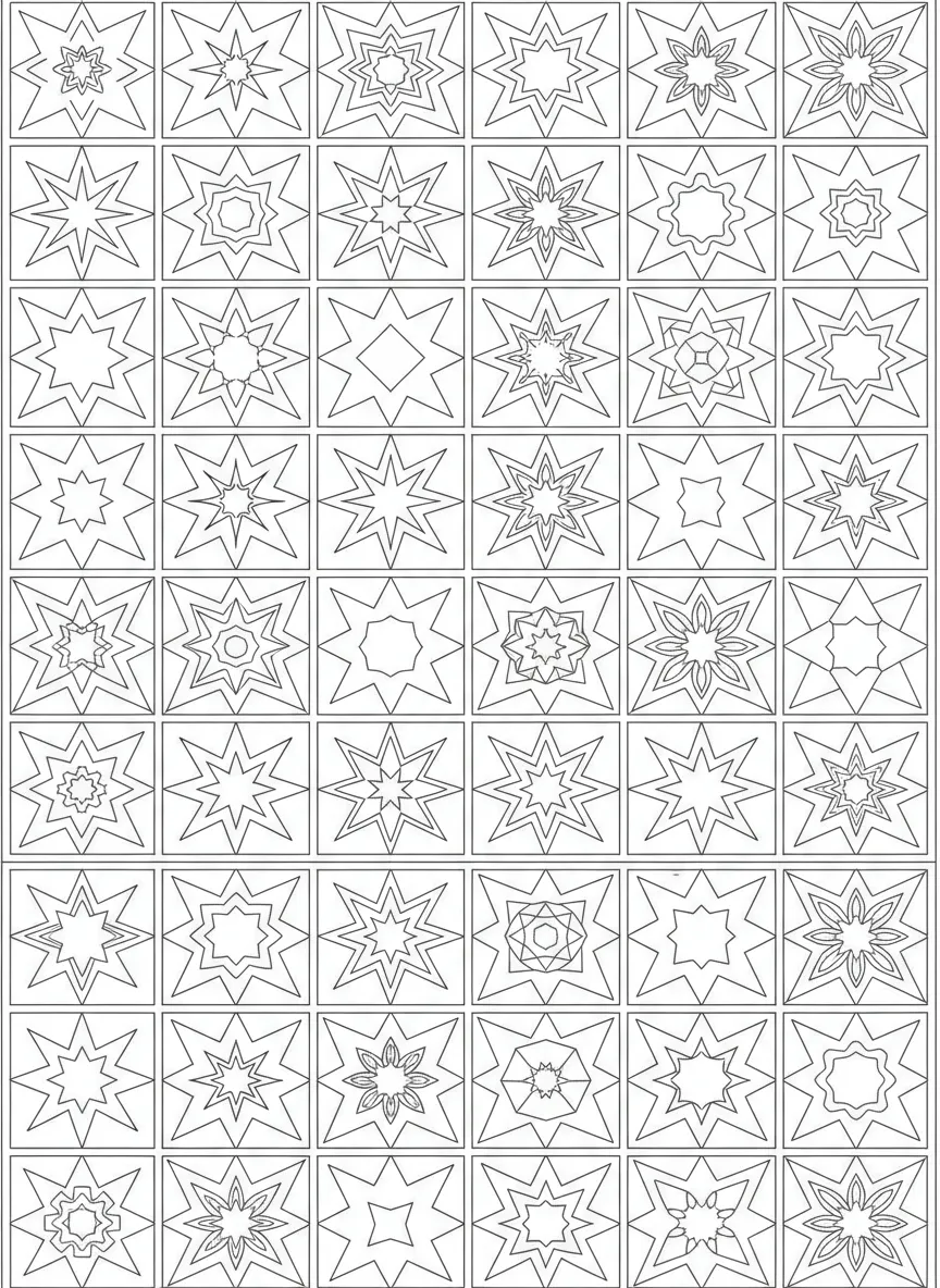 Coloriage adulte expert étoiles géométriques répétitives grille mandalas variations PDF