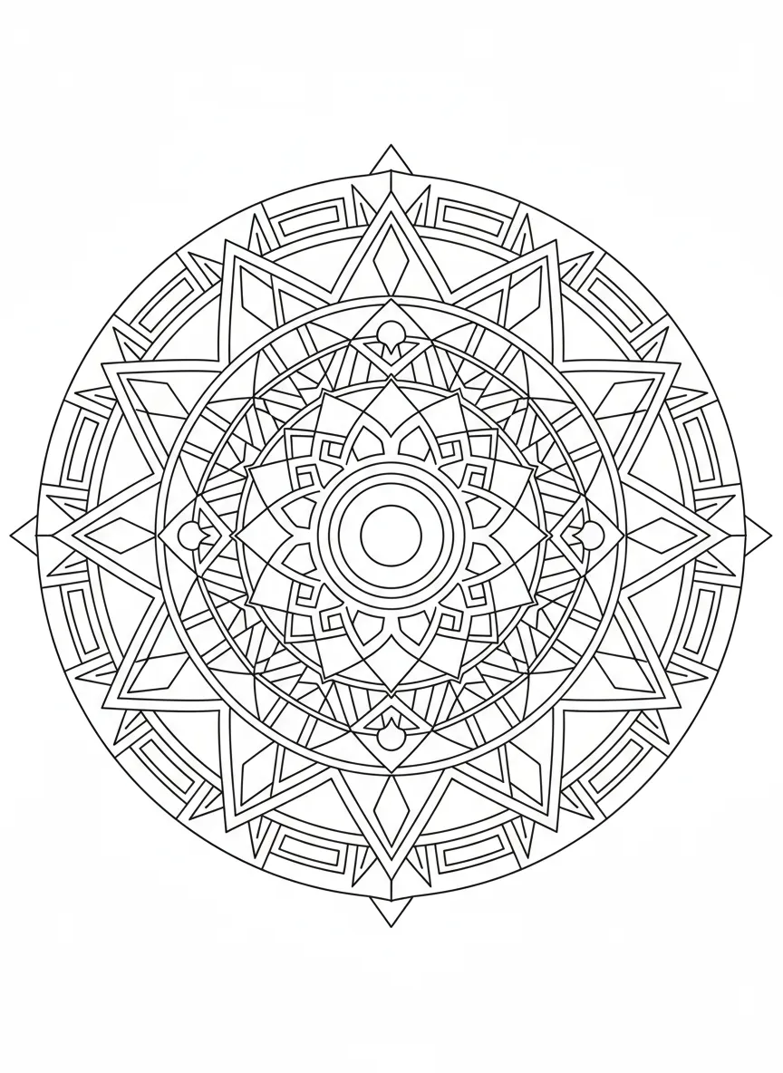 Coloriage adulte expert mandala géométrique angulaire symétrie sacrée cristalline PDF