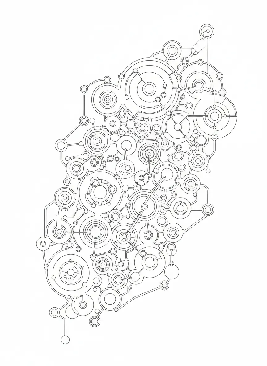Coloriage adulte réseau circulaire abstrait géométrie moderne molécules connexions PDF