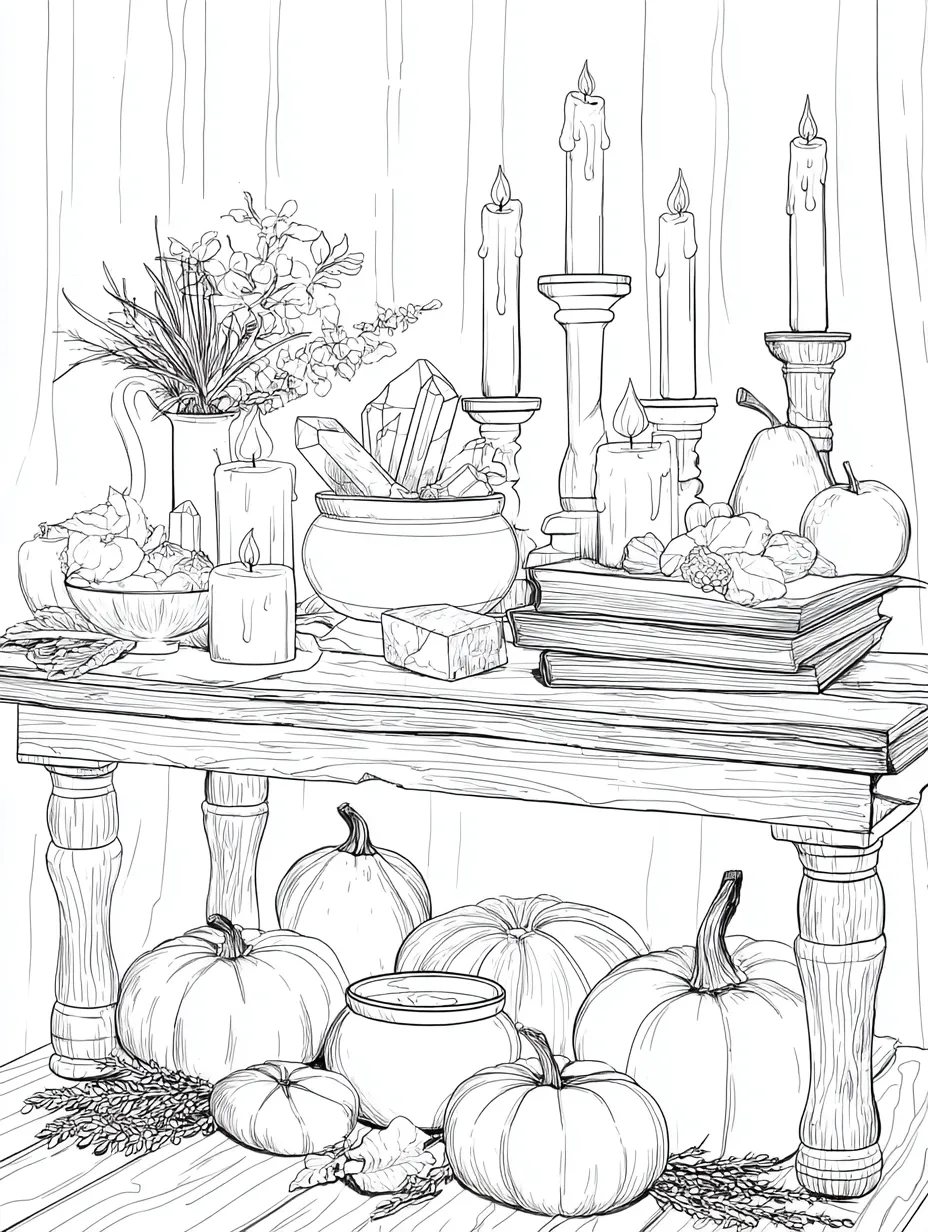 Coloriage adulte gratuit autel automnal Halloween mystique à imprimer PDF