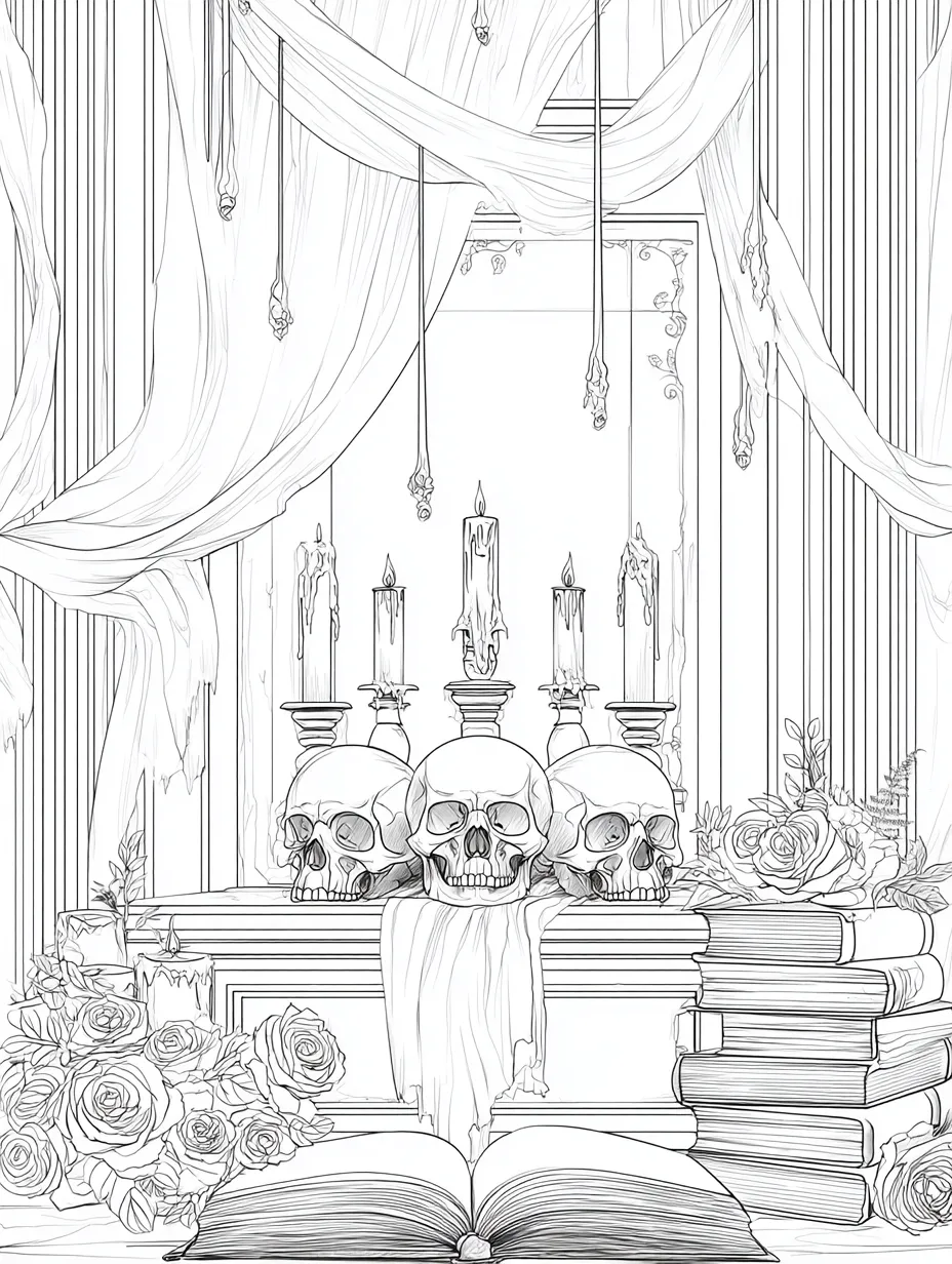 Coloriage adulte autel gothique crânes roses Halloween à imprimer PDF