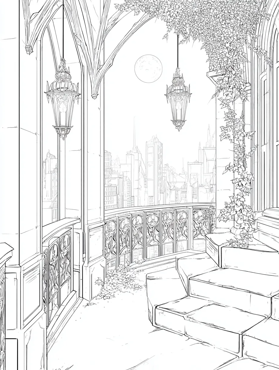 Coloriage adulte gratuit balcon gothique lune Halloween romantique PDF