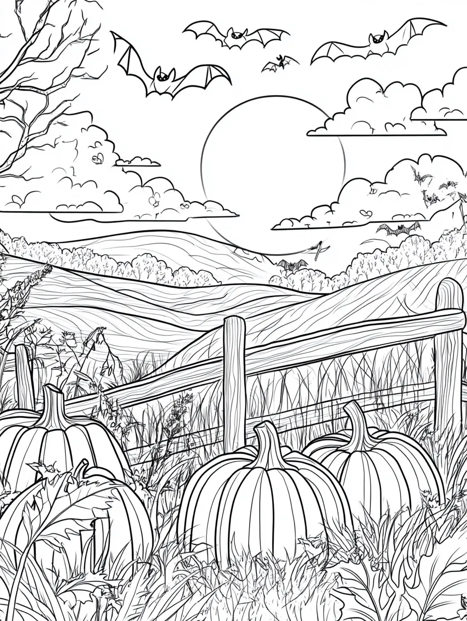 Coloriage adulte gratuit champ citrouilles lune Halloween automne PDF
