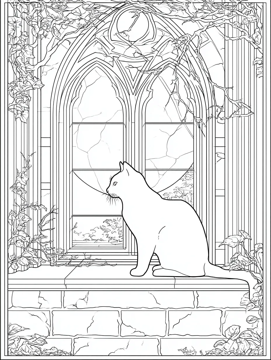 Coloriage adulte chat noir cloître gothique Halloween mystique PDF