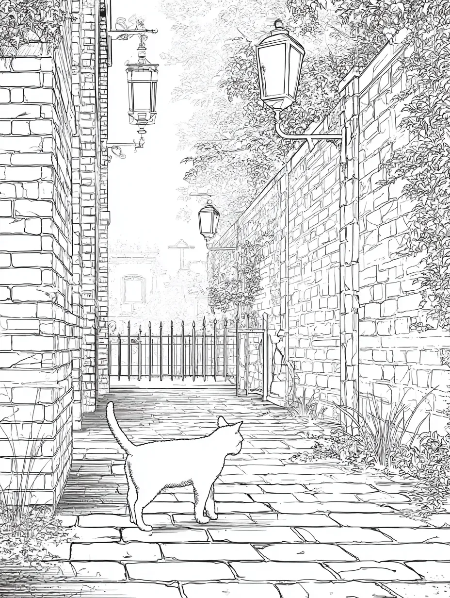 Coloriage adulte expert chat ruelle mystérieuse Halloween nuit PDF