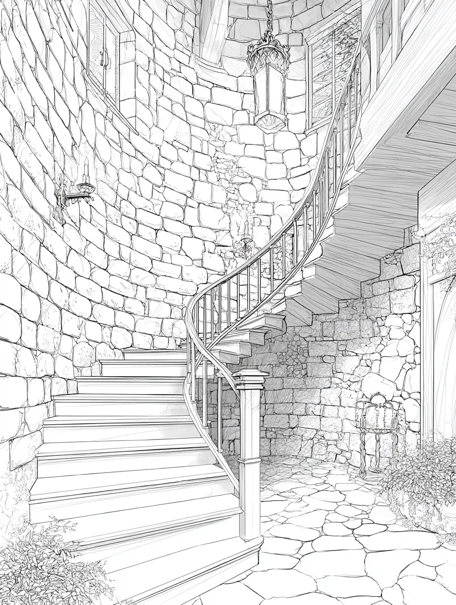 Coloriage adulte expert escalier château hanté Halloween gothique PDF