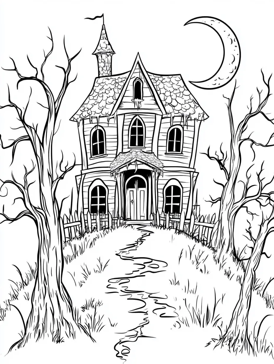 Coloriage adulte gratuit maison hantée victorienne Halloween classique PDF