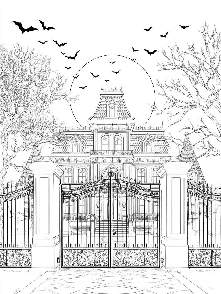 Coloriage adulte expert manoir hanté mystérieux Halloween gothique PDF