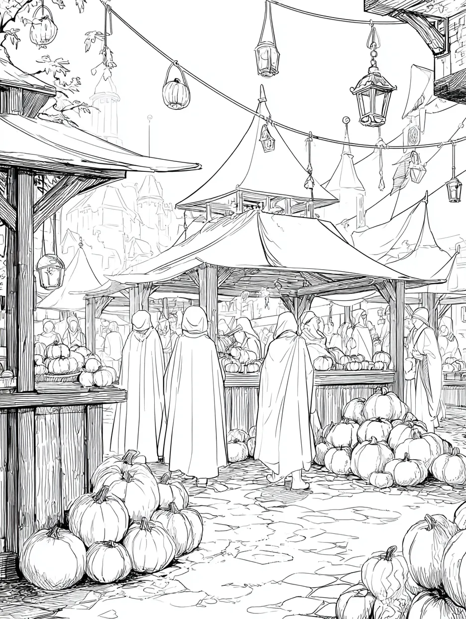 Coloriage adulte gratuit marché citrouilles Halloween automne festif PDF