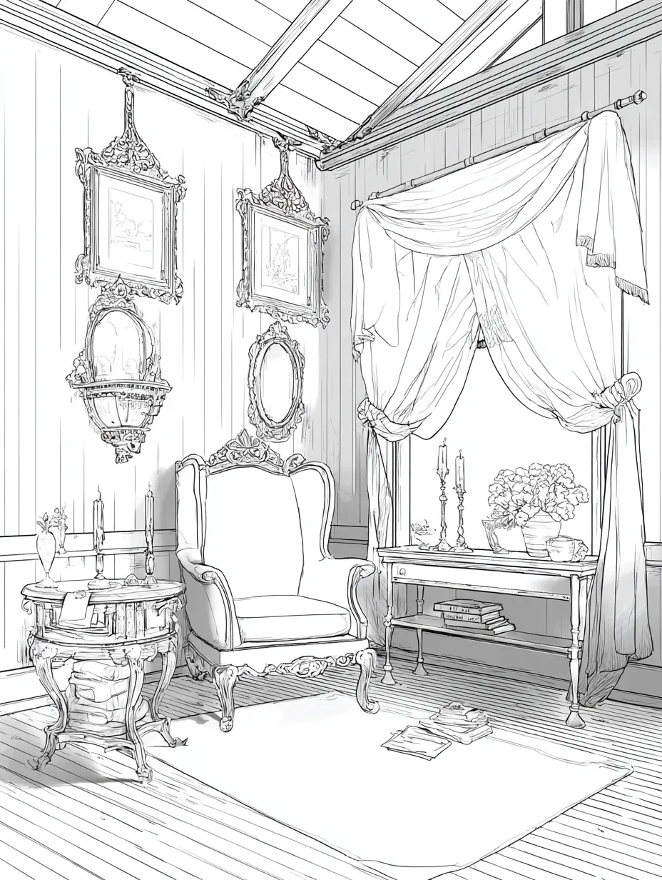 Coloriage adulte salon victorien enchanté Halloween gothique PDF