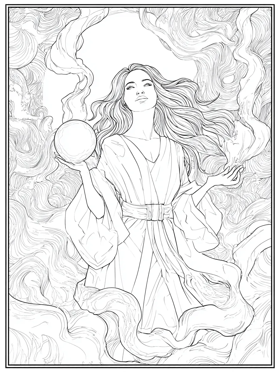 Coloriage adulte expert sorcière sphère mystique Halloween magie PDF