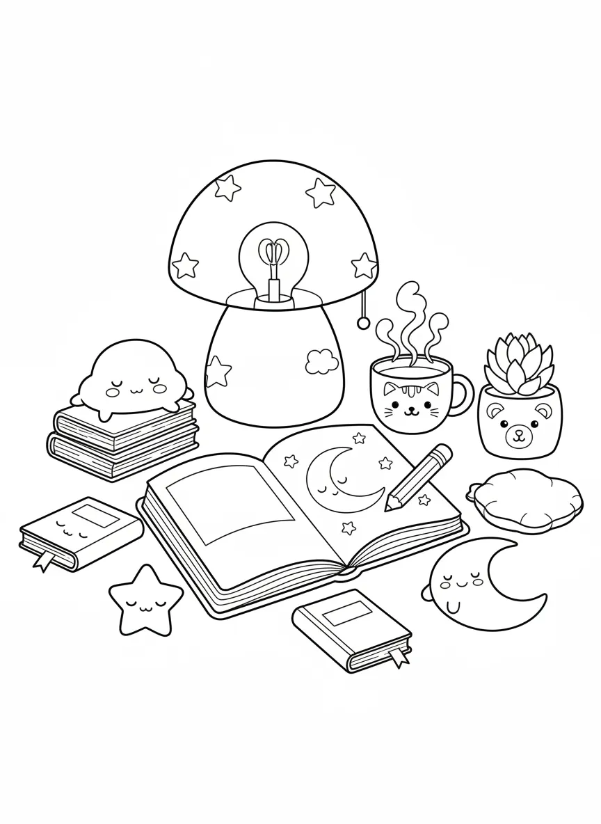 Coloriage adulte kawaii bureau nuit étoilée cute japonais mignon PDF