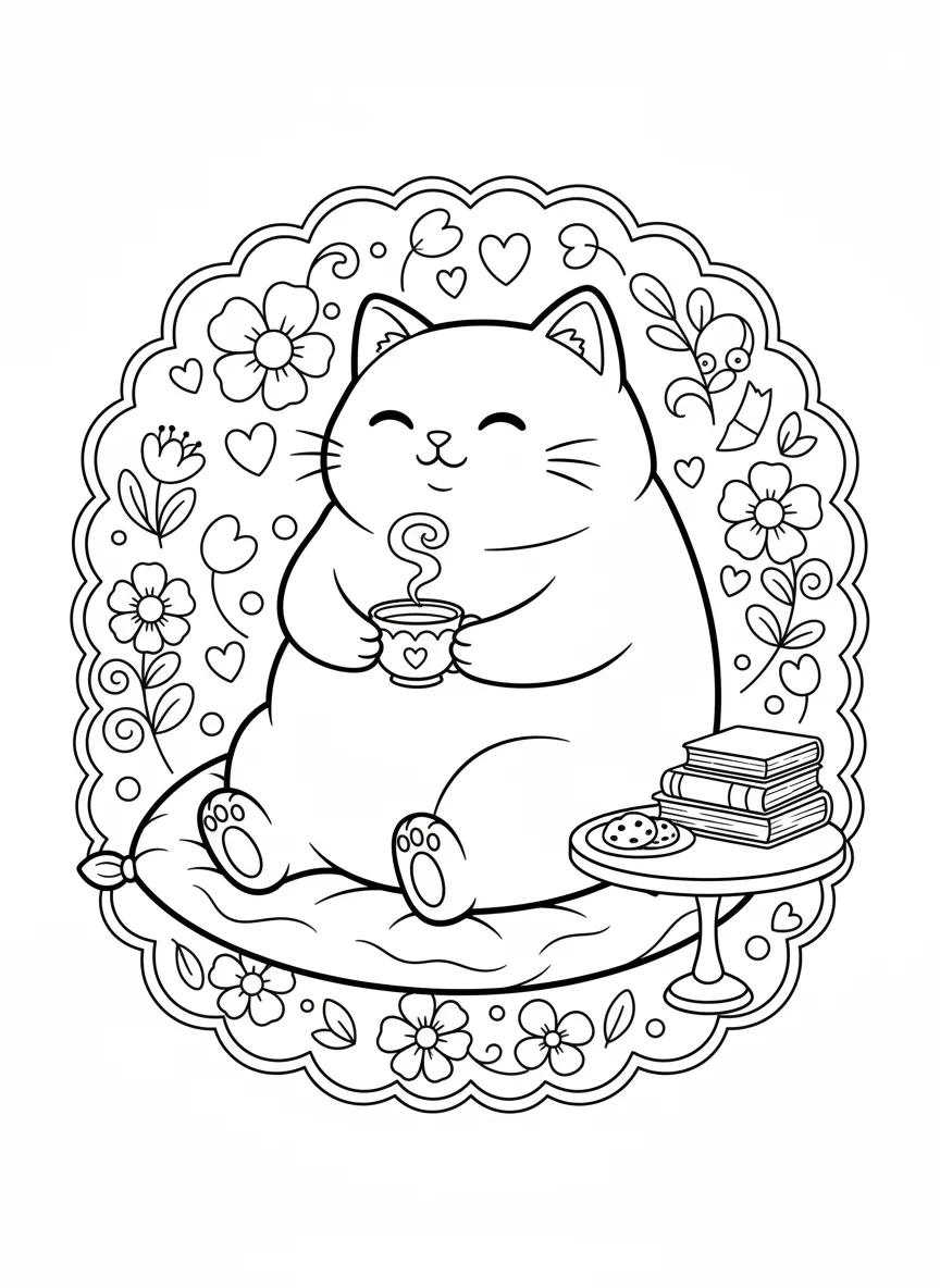 Coloriage adulte kawaii chat mignon thé cosy cute japonais gratuit PDF