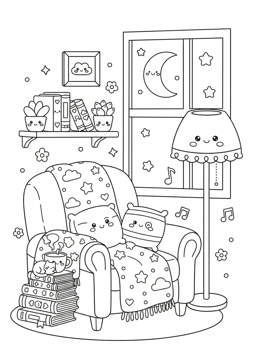 Coloriage adulte kawaii coin lecture douillet cute japonais mignon PDF