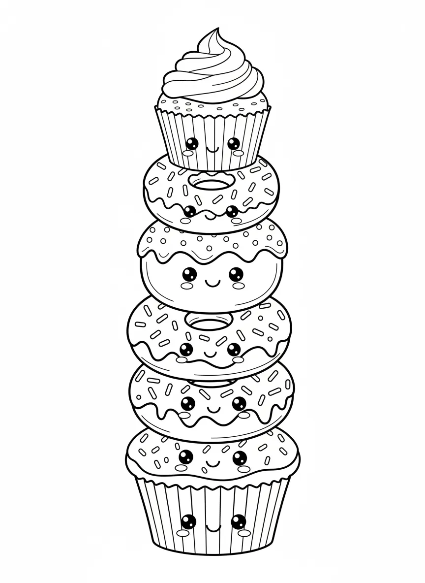 Coloriage adulte kawaii desserts empilés gourmands cute japonais PDF
