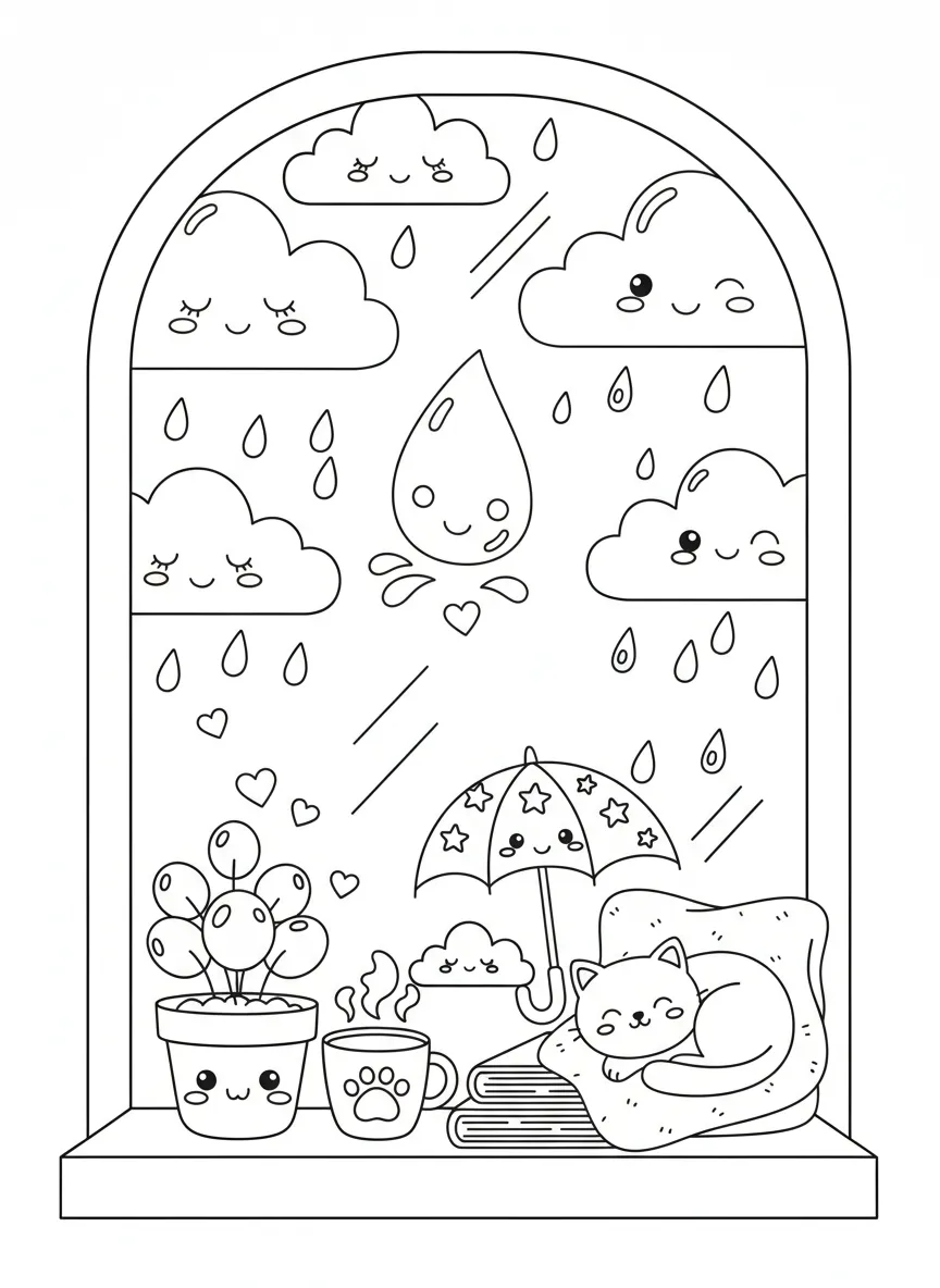 Coloriage adulte kawaii pluie cosy cute japonais mignon gratuit PDF