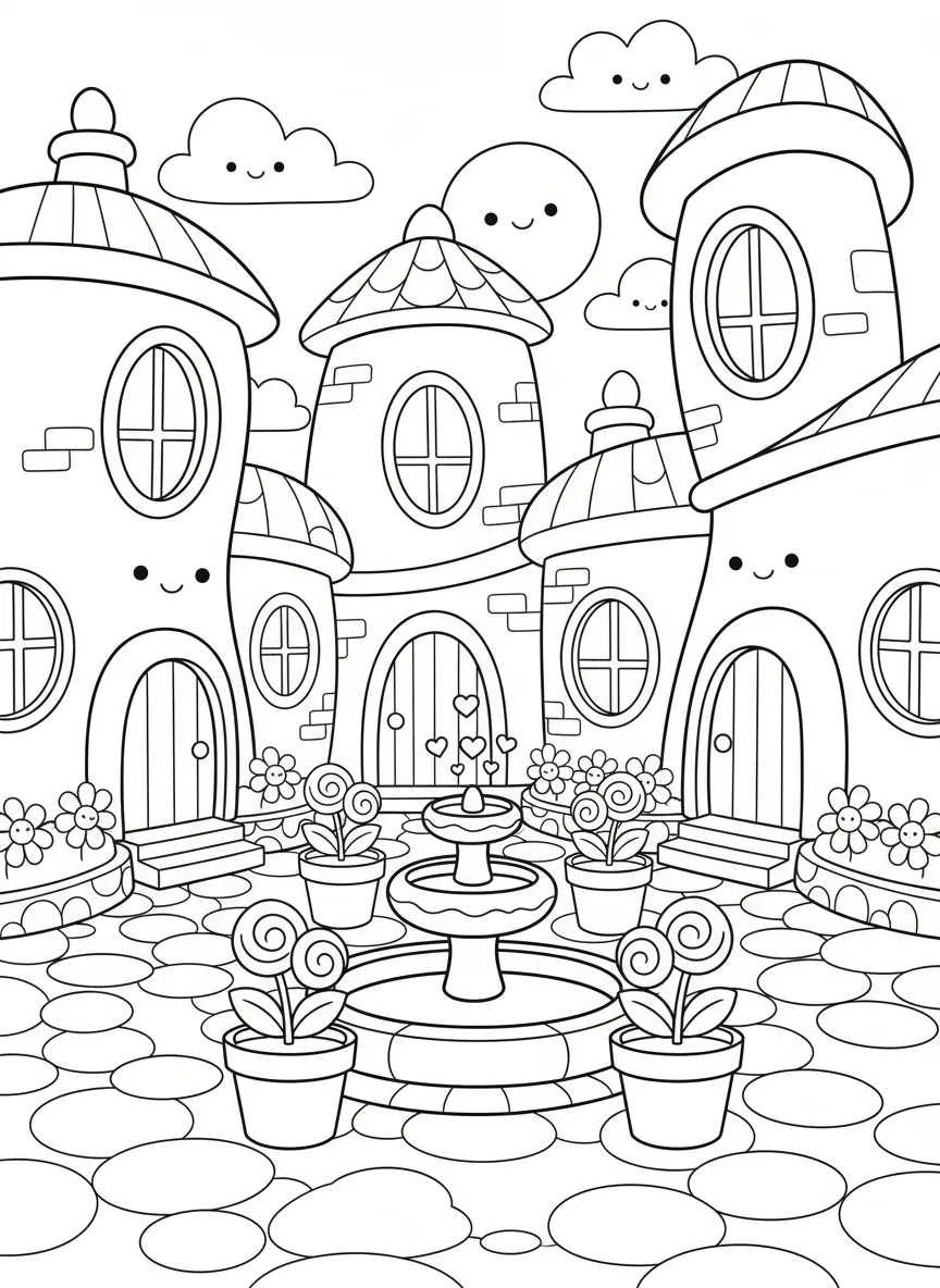 Coloriage adulte kawaii place fontaine maisons champignons nuages souriants PDF