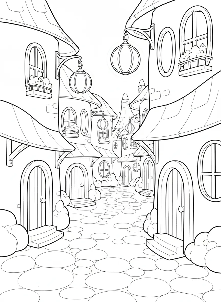 Coloriage adulte kawaii ruelle maisons magiques toits ronds lanternes cute PDF