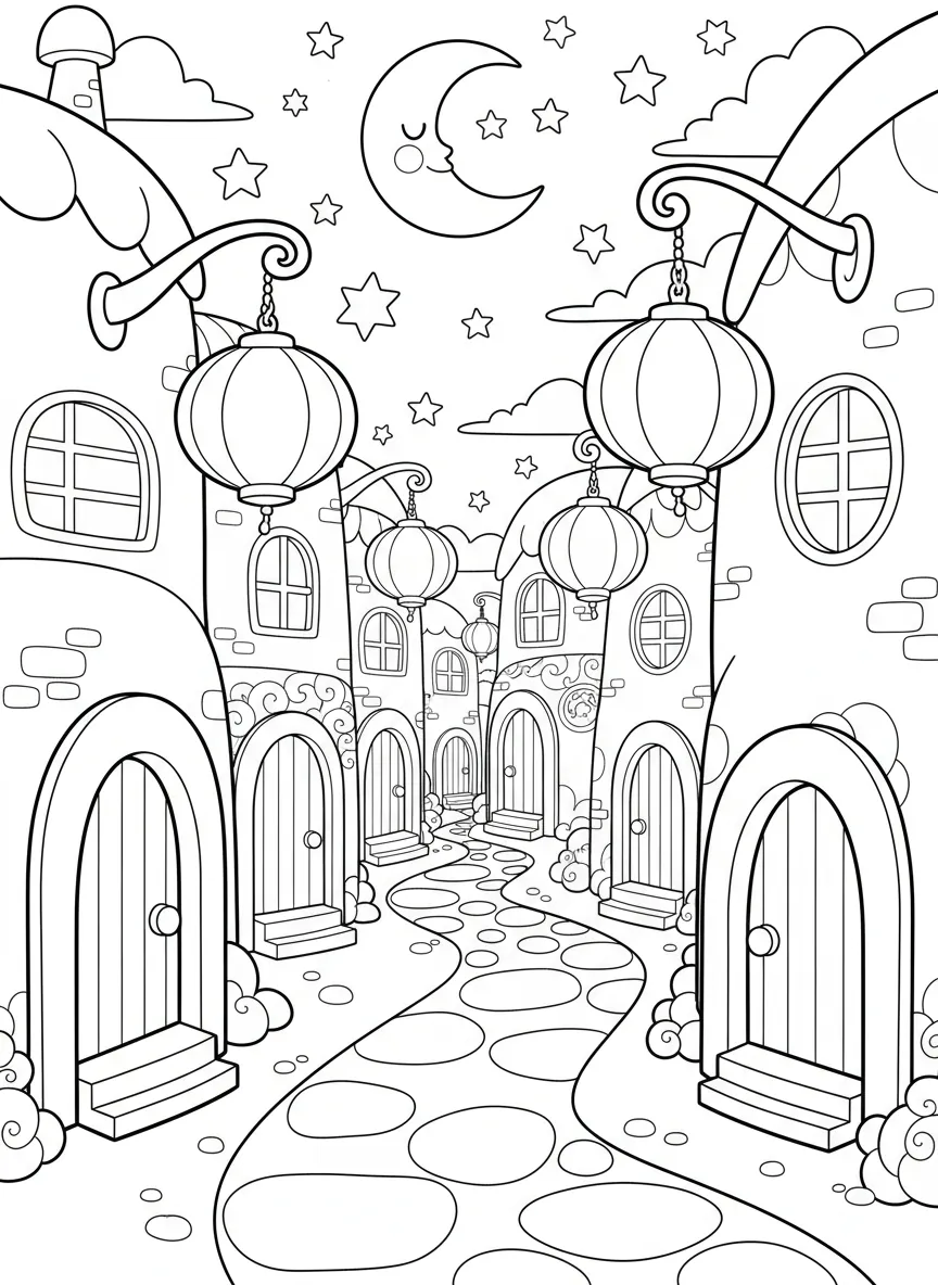 Coloriage adulte kawaii ruelle nocturne lanternes lune souriante étoiles cute PDF