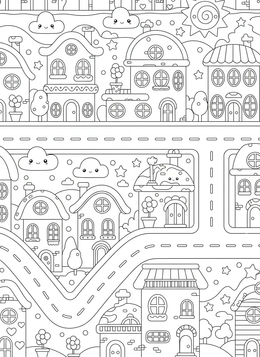 Coloriage adulte kawaii village doux ruelles nuages souriants maisons cute PDF