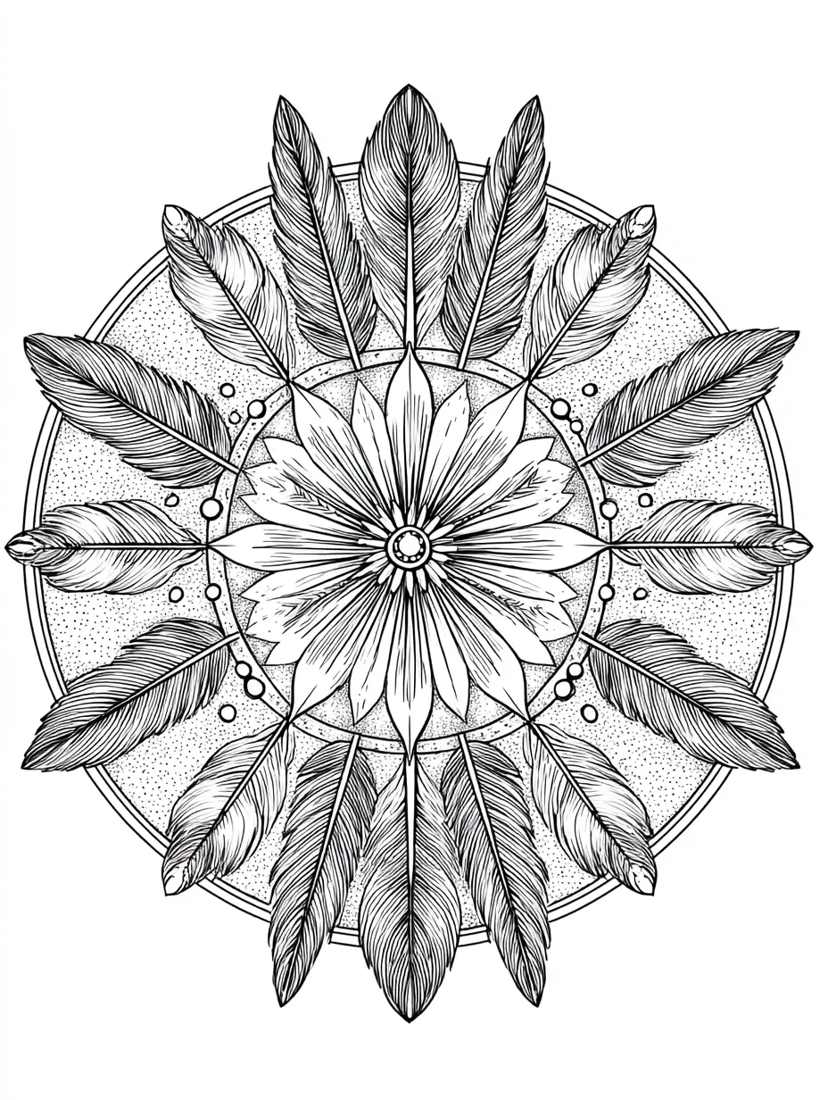 Coloriage adulte mandala avec plumes et fleurs méditatif à imprimer PDF