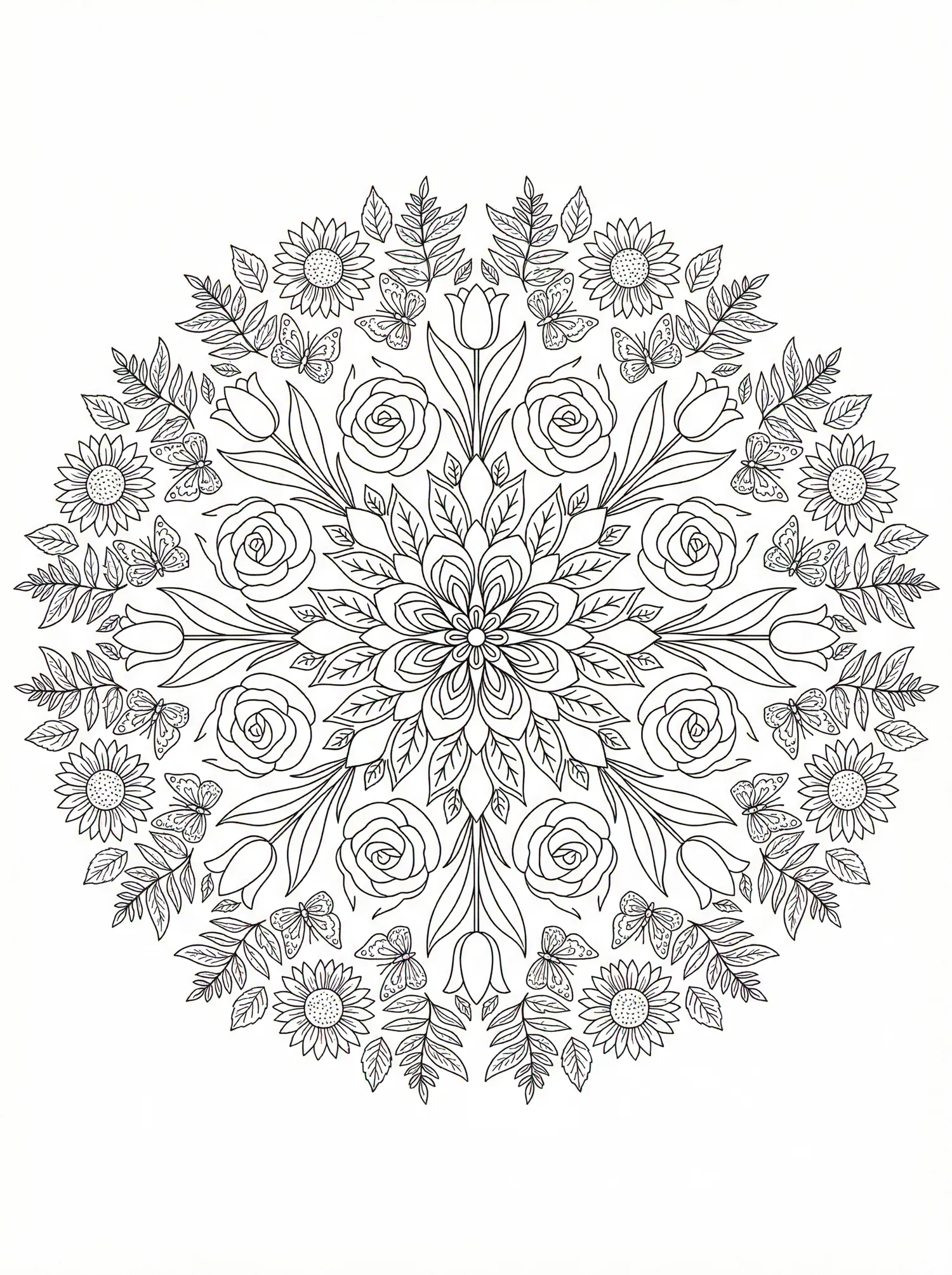 Coloriage adulte expert mandala jardin papillons fleurs roses PDF gratuit