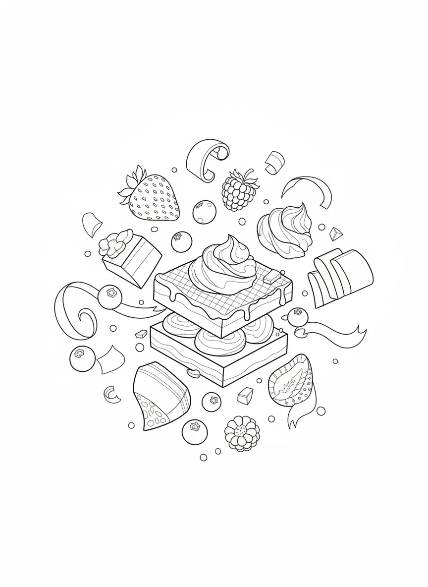 Coloriage adulte gratuit dessert déconstruit food art gastronomie moderne PDF