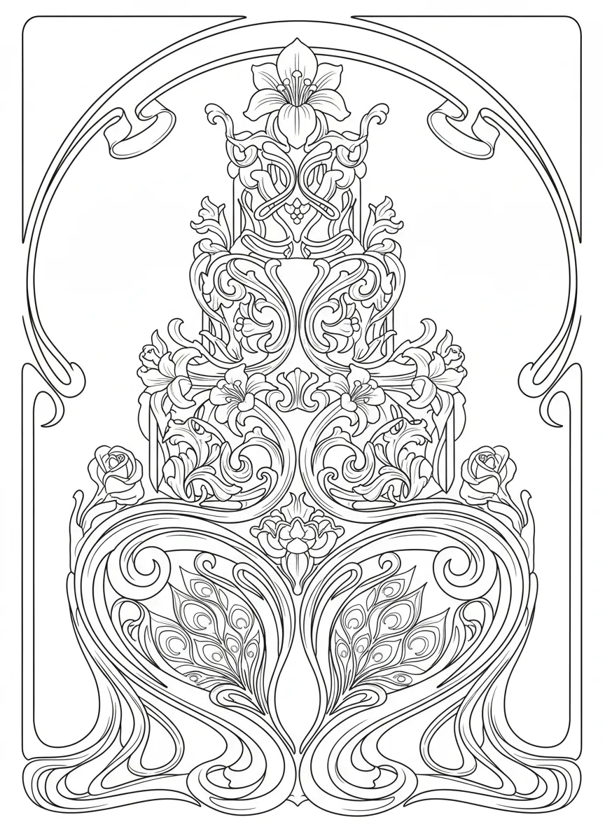 Coloriage adulte expert gâteau art nouveau mariage fleurs Belle Époque PDF