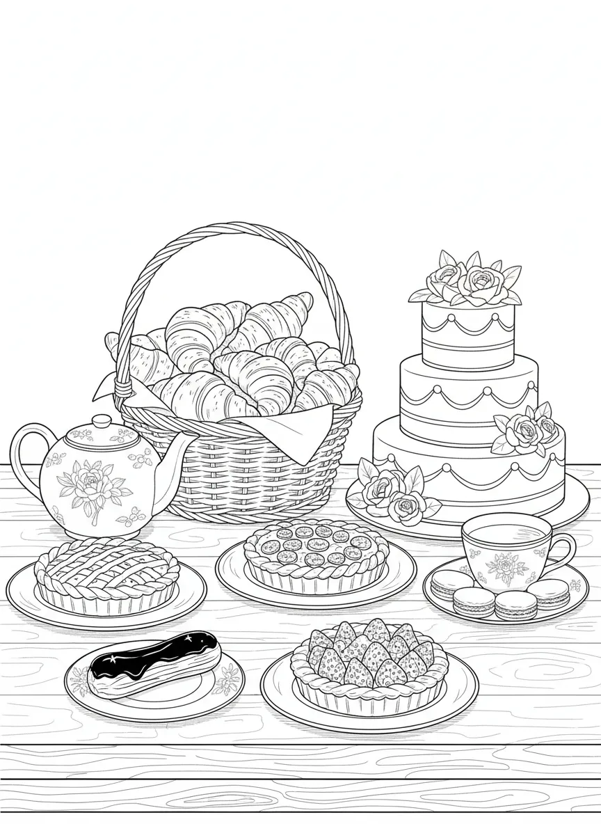 Coloriage adulte facile nature morte pâtisseries croissants français artisan PDF