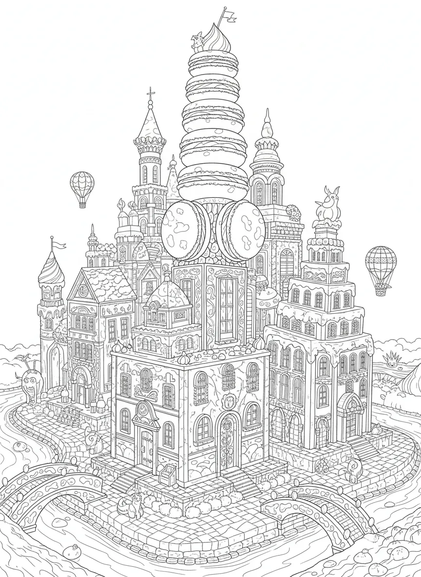 Coloriage adulte gratuit ville fantaisie pâtisseries cupcakes maisons gâteaux PDF