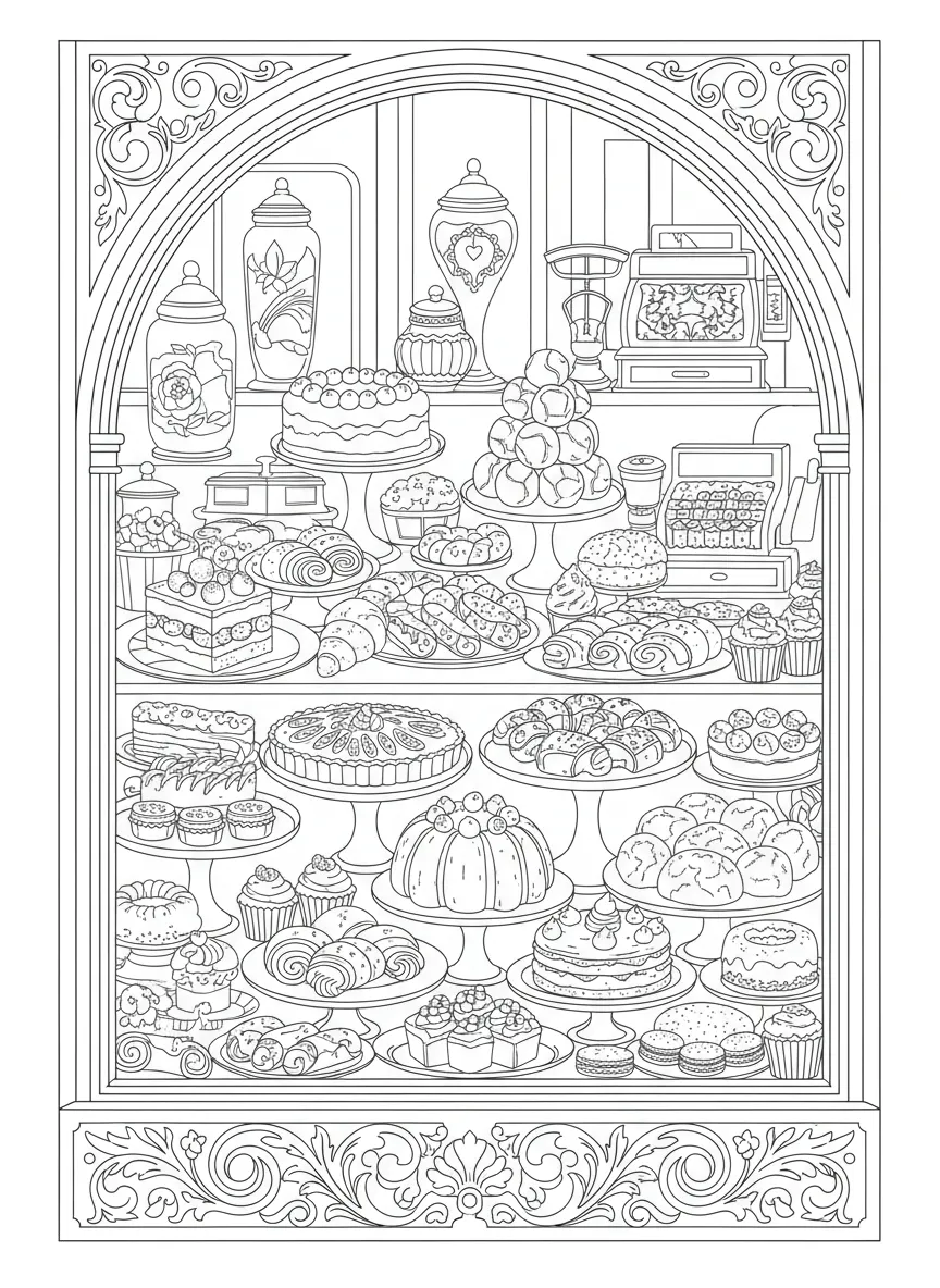 Coloriage adulte expert vitrine pâtisserie française vintage macarons gâteaux PDF