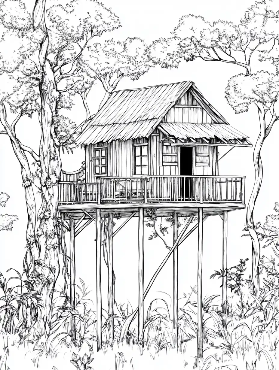 Coloriage paysage cabane nature pour adulte à imprimer gratuitement