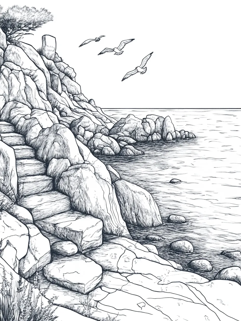 Coloriage adulte gratuit paysage côtier océan falaises à imprimer PDF