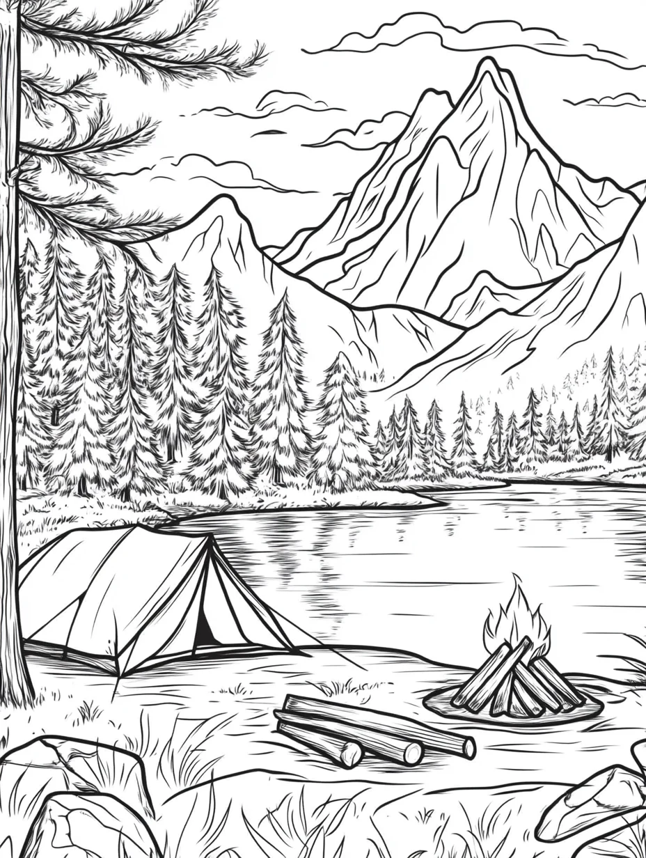 Coloriage adulte gratuit camping au bord du lac nature PDF facile
